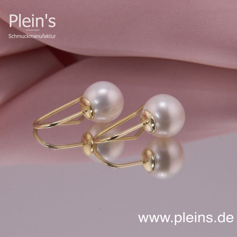 Preview: Gold Ohrhänger mit weißen Perlen 9 mm